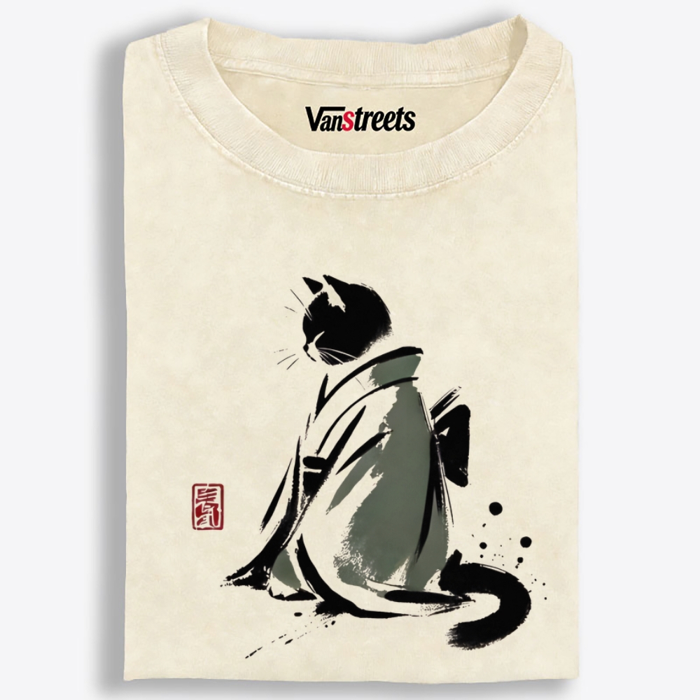 Kimono Black Cat Retro Washed T-Shirt | 100% Cotton | Streetwear Essential