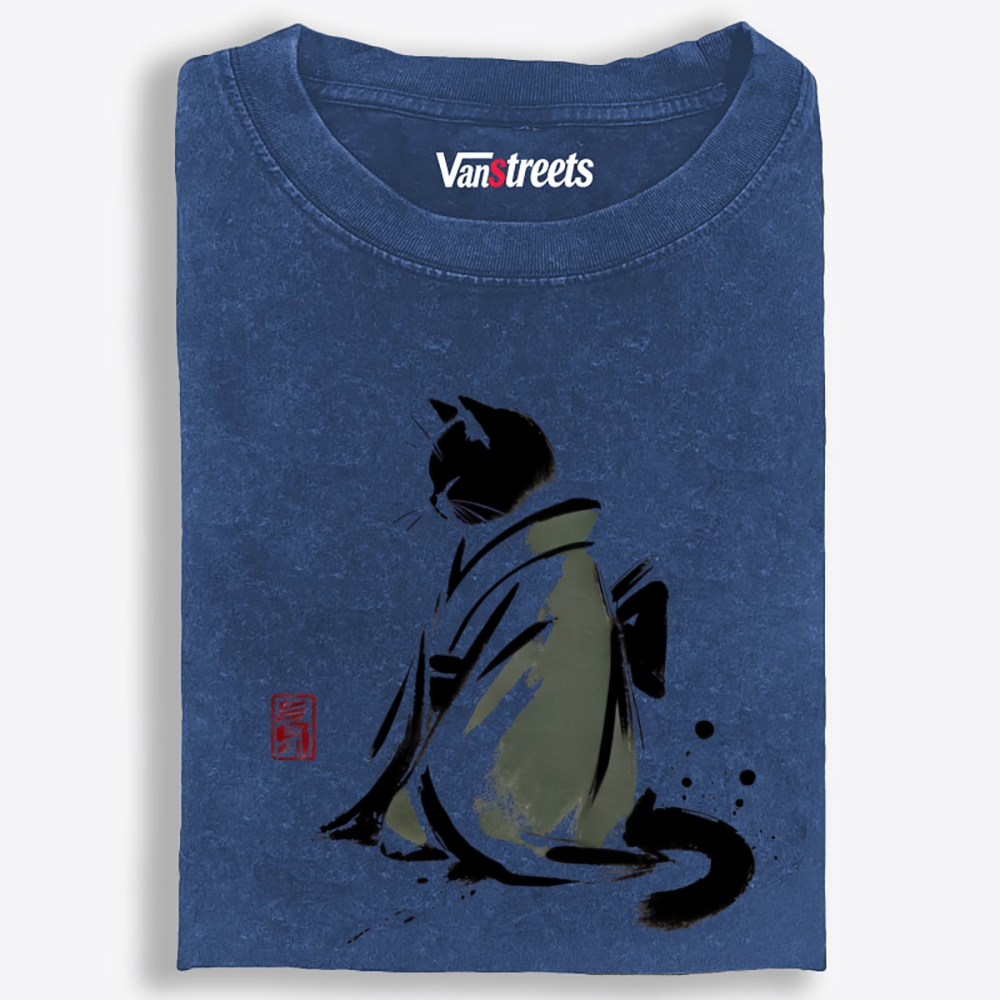 Kimono Black Cat Retro Washed T-Shirt | 100% Cotton | Streetwear Essential