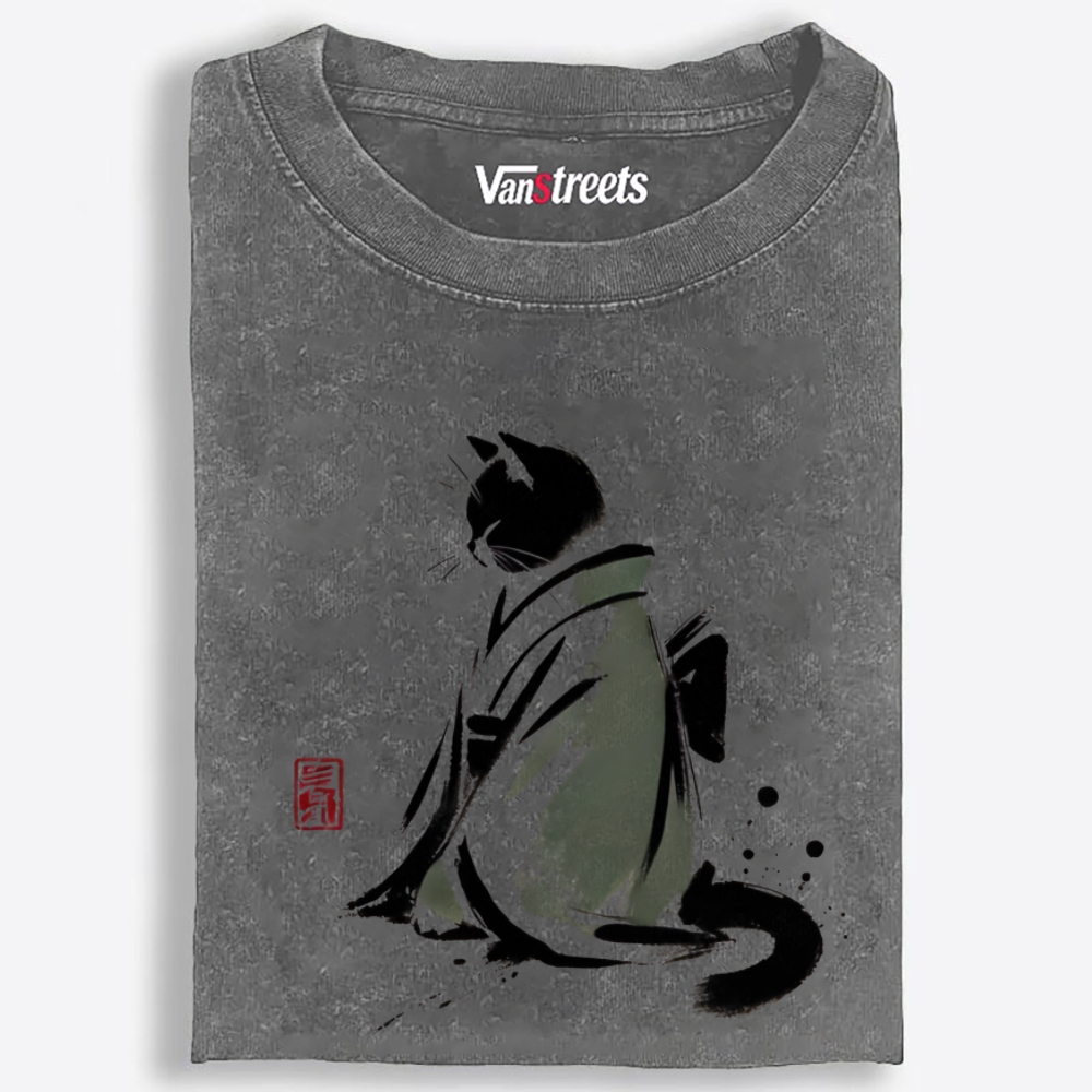Kimono Black Cat Retro Washed T-Shirt | 100% Cotton | Streetwear Essential