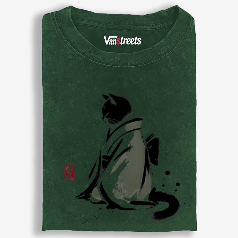 Kimono Black Cat Retro Washed T-Shirt | 100% Cotton | Streetwear Essential
