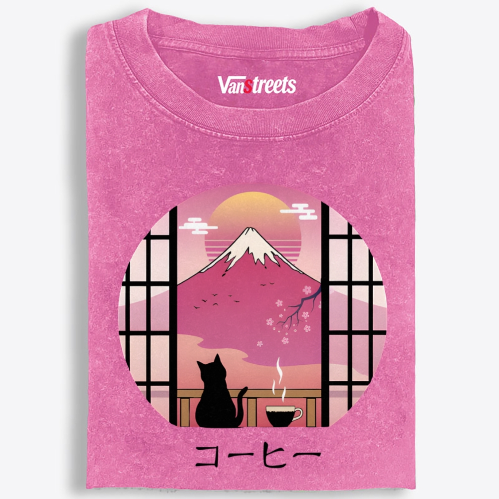 Mount Fuji Coffee Cat Retro Washed T-Shirt | 100% Cotton | Streetwear Essential