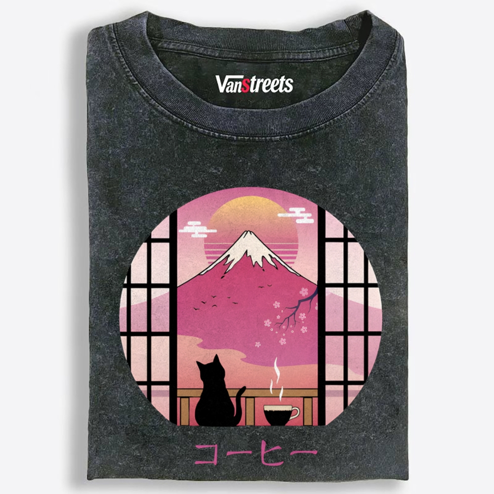 Mount Fuji Coffee Cat Retro Washed T-Shirt | 100% Cotton | Streetwear Essential