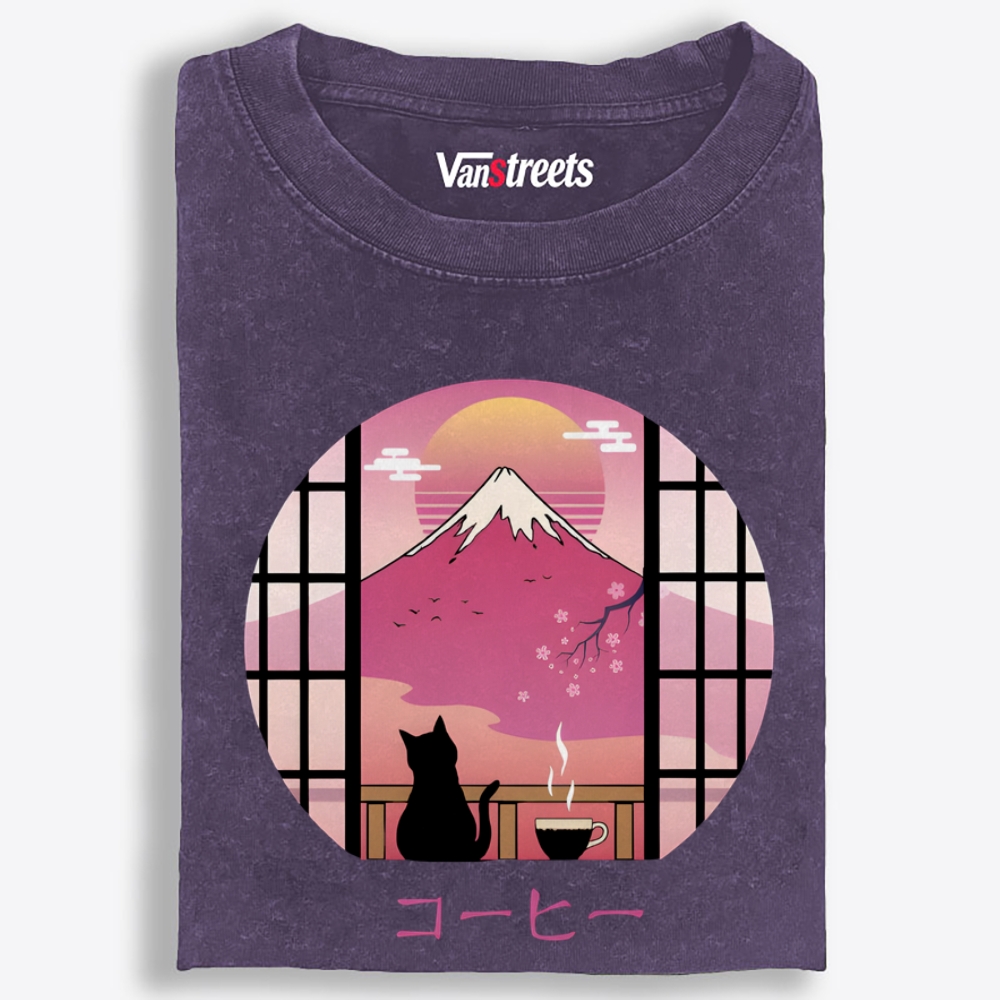 Mount Fuji Coffee Cat Retro Washed T-Shirt | 100% Cotton | Streetwear Essential