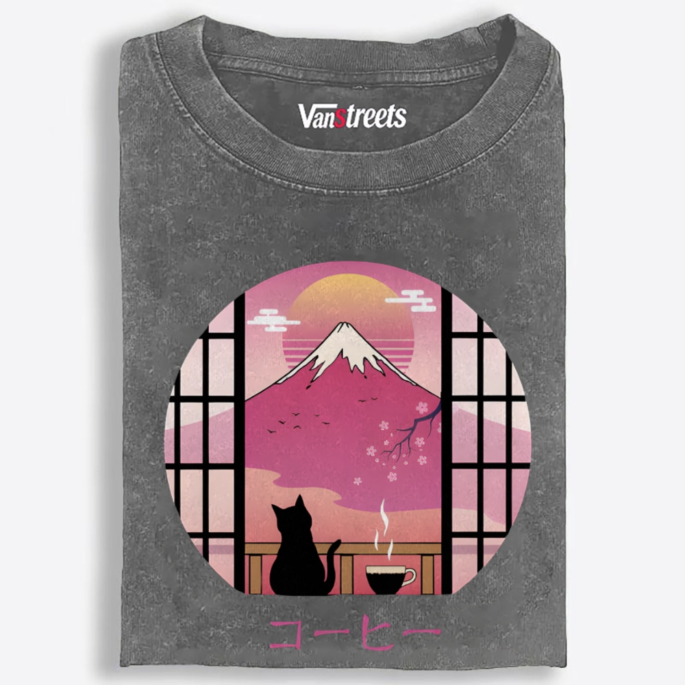 Mount Fuji Coffee Cat Retro Washed T-Shirt | 100% Cotton | Streetwear Essential