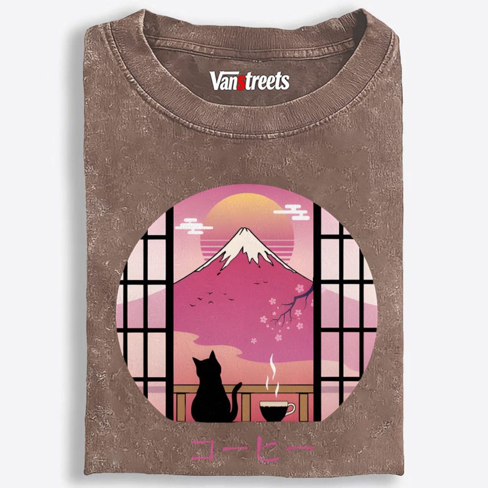 Mount Fuji Coffee Cat Retro Washed T-Shirt | 100% Cotton | Streetwear Essential