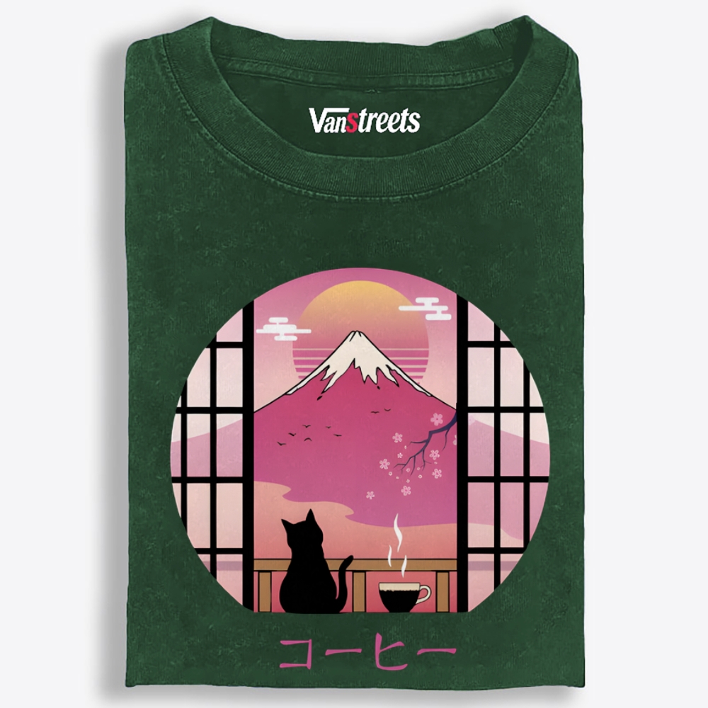 Mount Fuji Coffee Cat Retro Washed T-Shirt | 100% Cotton | Streetwear Essential