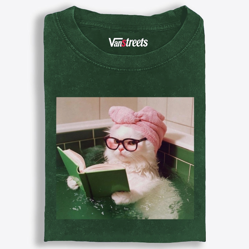 Bathtub Reading Cat Aesthetic Retro Washed T-Shirt | 100% Cotton | Streetwear Essential