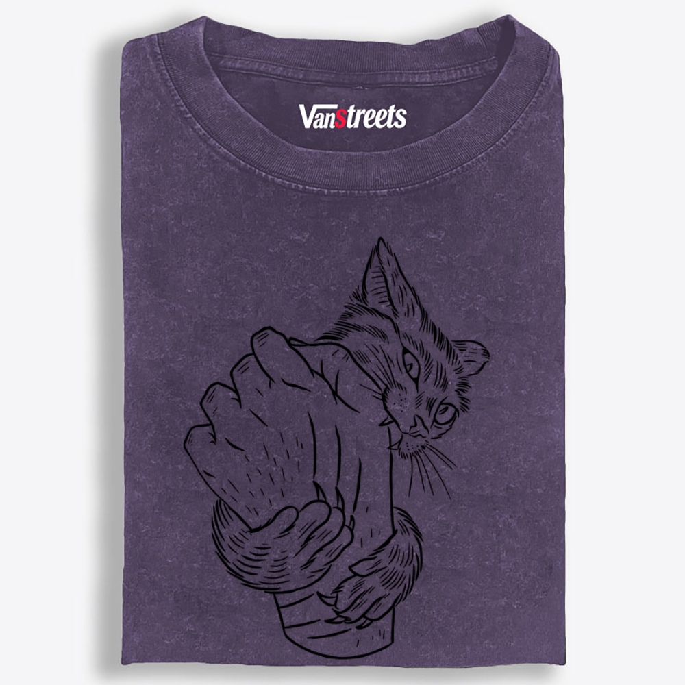 Hand Biting Cat Retro Washed T-Shirt | 100% Cotton | Streetwear Essential