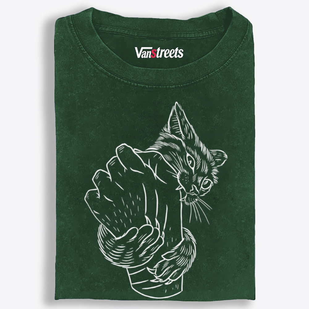 Hand Biting Cat Retro Washed T-Shirt | 100% Cotton | Streetwear Essential