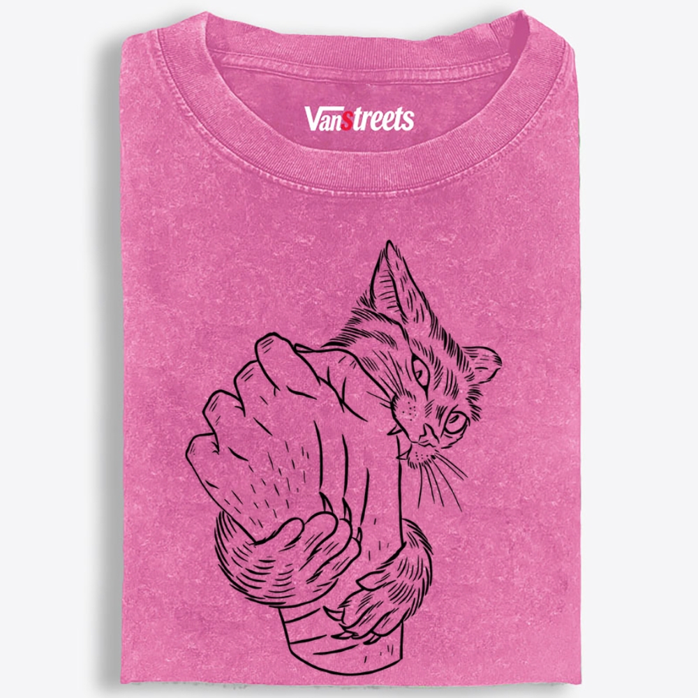 Hand Biting Cat Retro Washed T-Shirt | 100% Cotton | Streetwear Essential