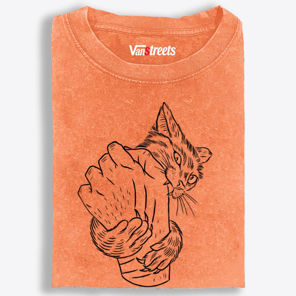 Hand Biting Cat Retro Washed T-Shirt | 100% Cotton | Streetwear Essential