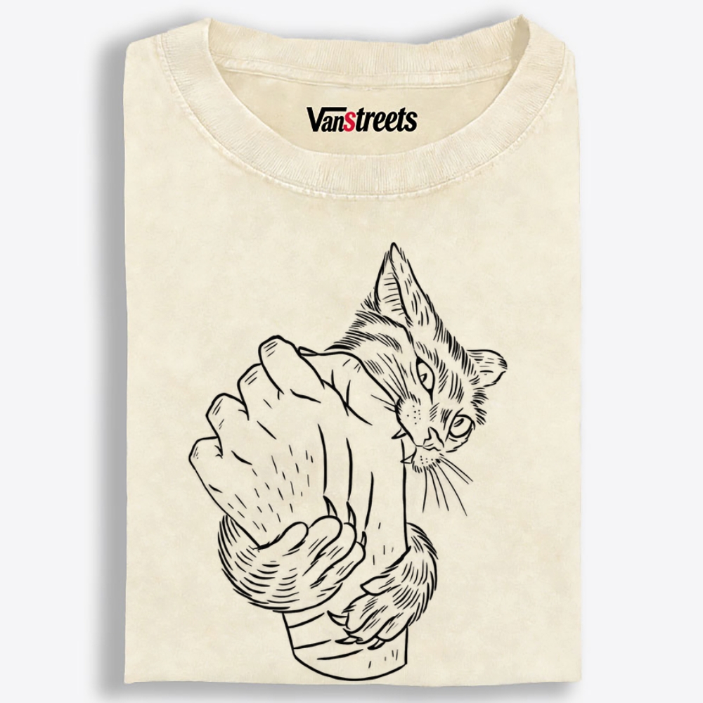 Hand Biting Cat Retro Washed T-Shirt | 100% Cotton | Streetwear Essential
