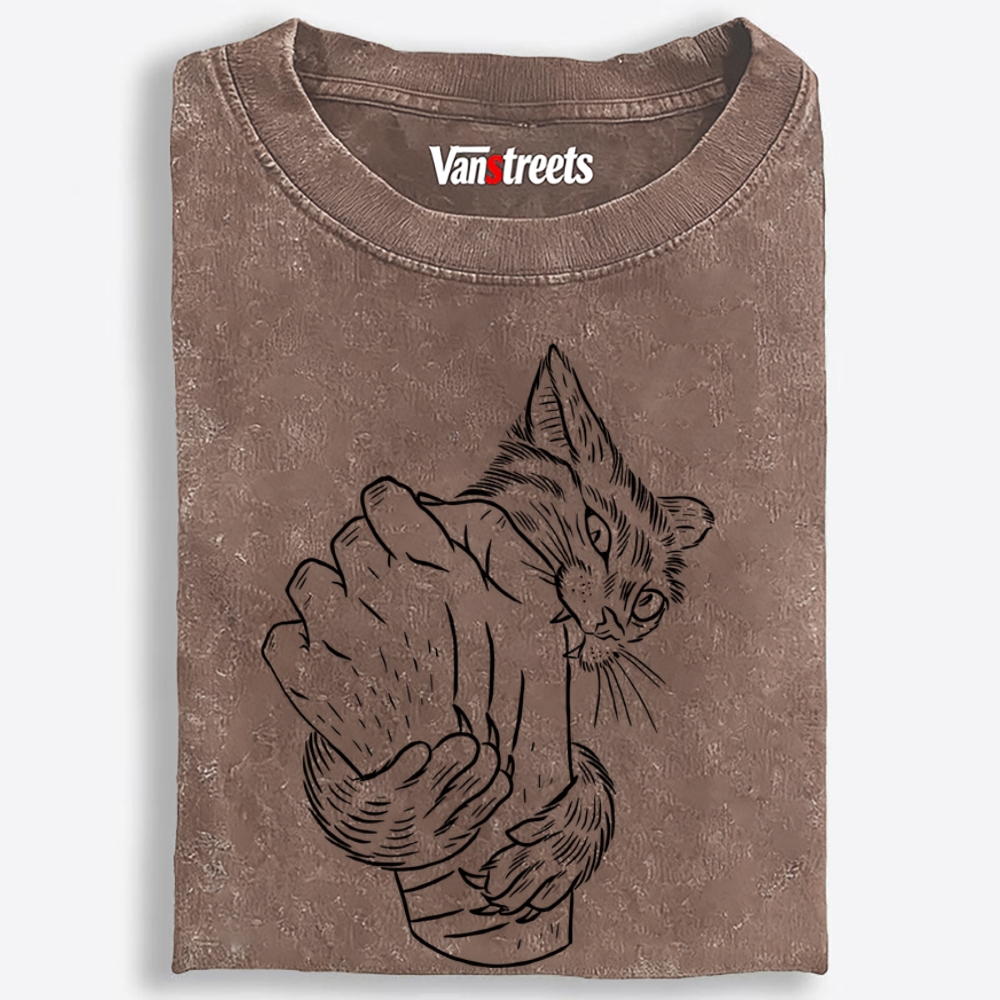 Hand Biting Cat Retro Washed T-Shirt | 100% Cotton | Streetwear Essential