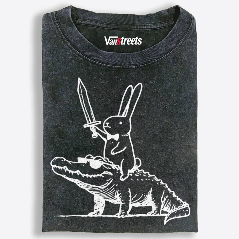Rabbit Knight on Gator Retro Washed T-Shirt | 100% Cotton | Streetwear Essential