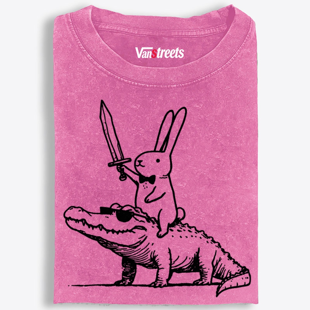Rabbit Knight on Gator Retro Washed T-Shirt | 100% Cotton | Streetwear Essential