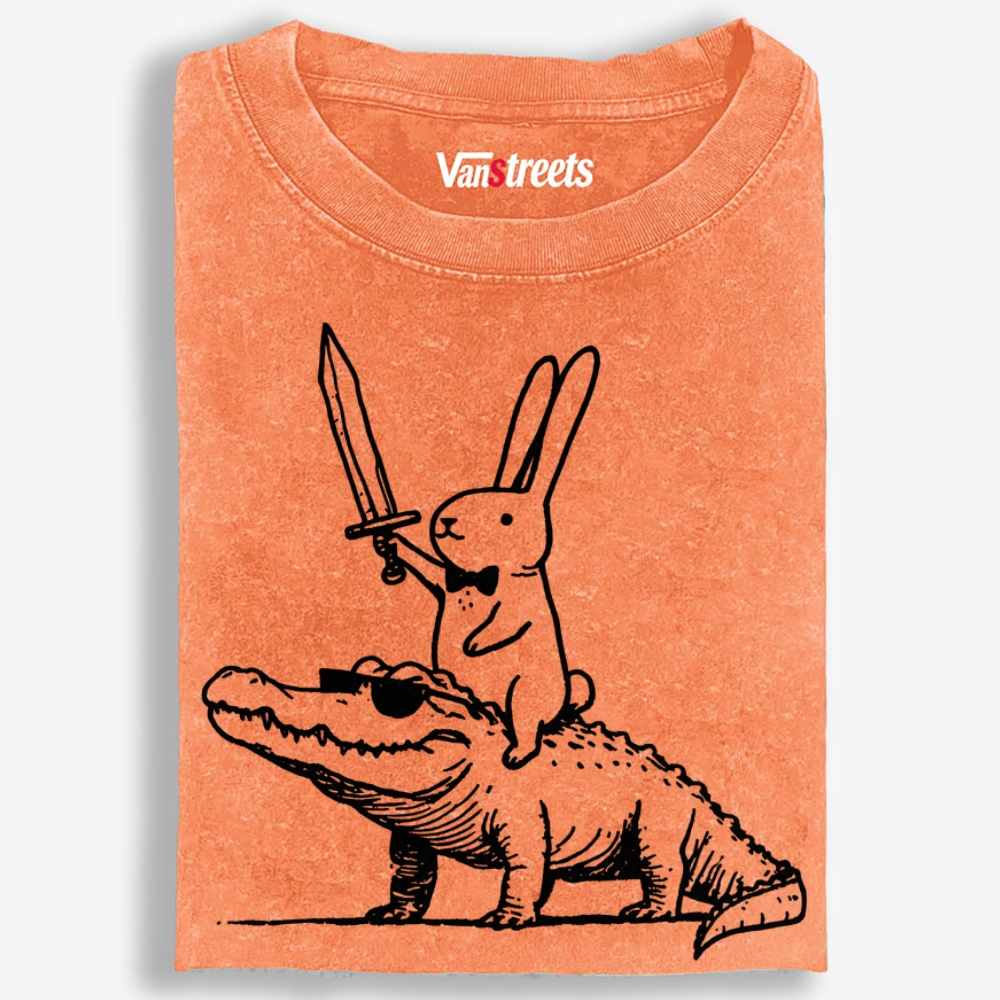 Rabbit Knight on Gator Retro Washed T-Shirt | 100% Cotton | Streetwear Essential