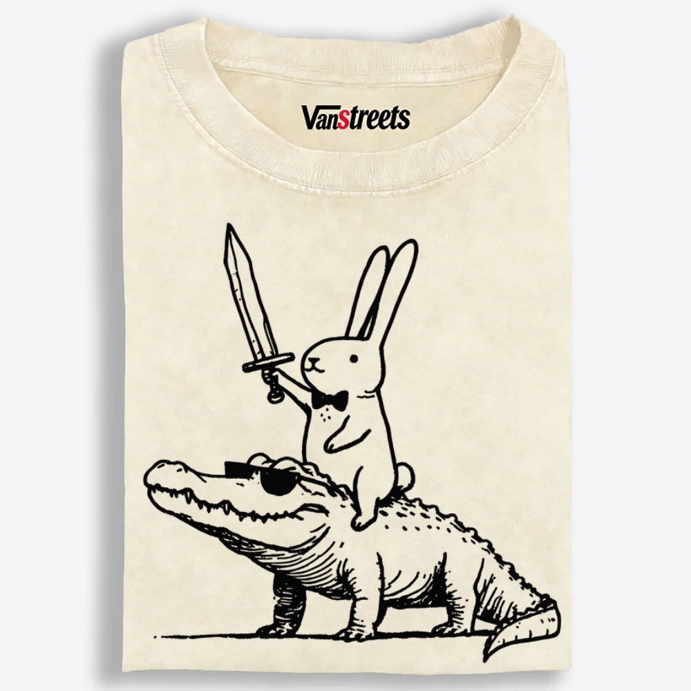 Rabbit Knight on Gator Retro Washed T-Shirt | 100% Cotton | Streetwear Essential