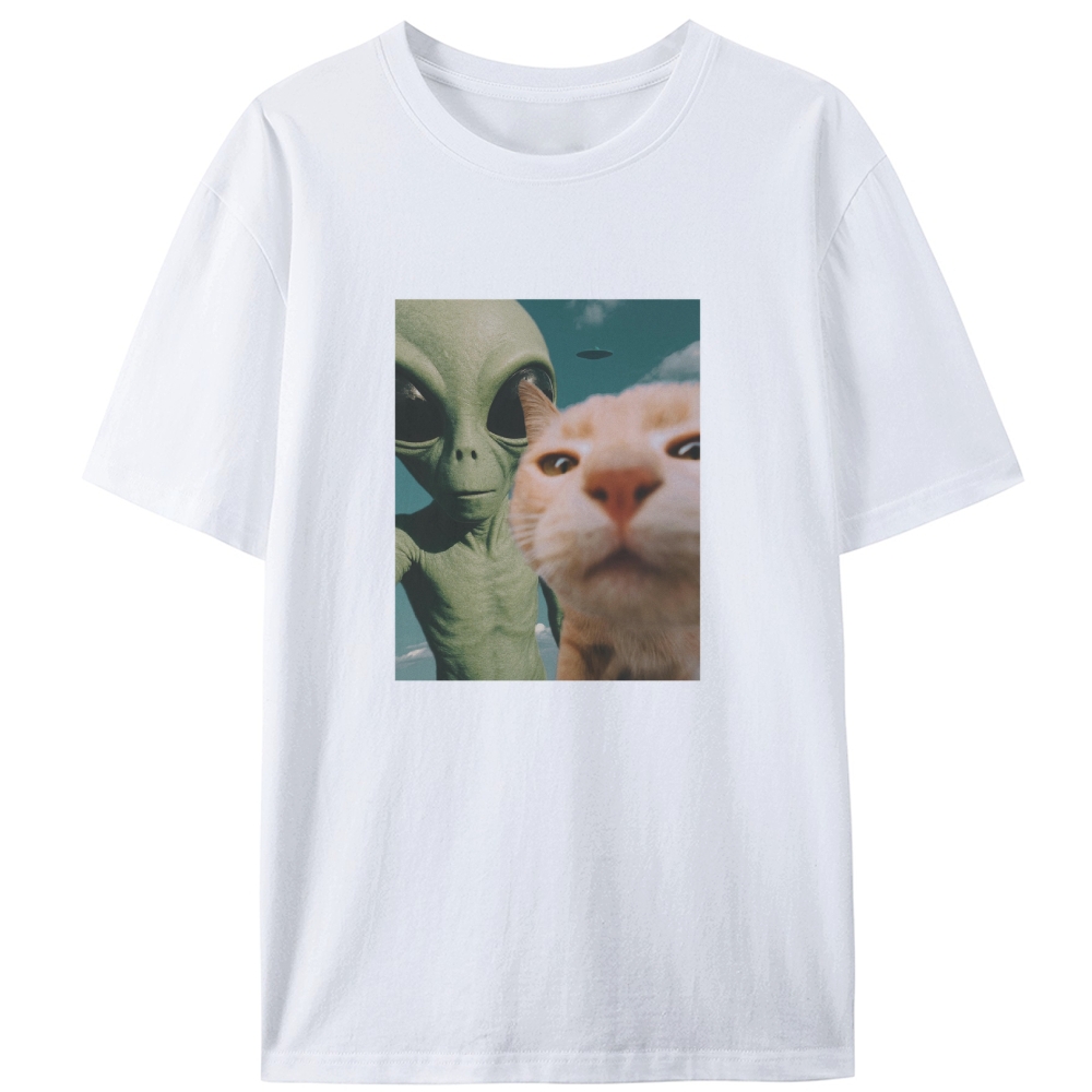 Alien & Orange Cat Selfie Retro Designed for Women - Slim Fit Cotton Tee