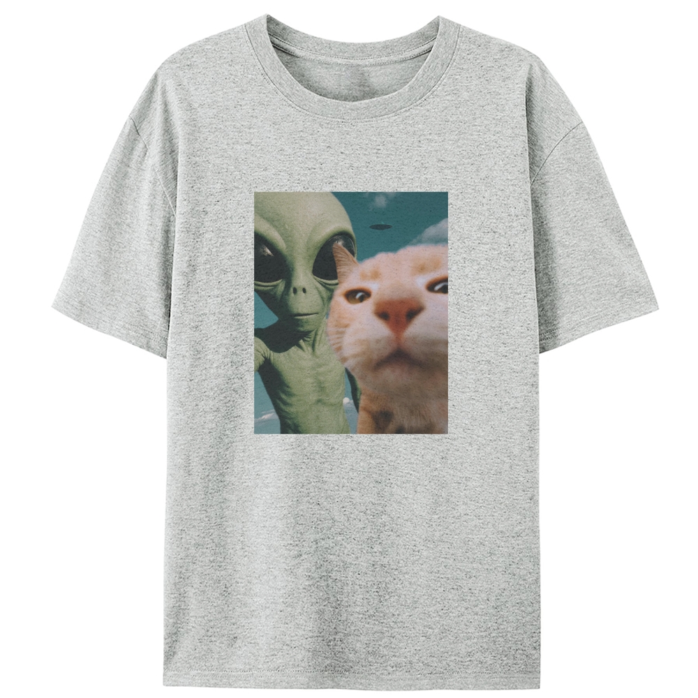 Alien & Orange Cat Selfie Retro Designed for Women - Slim Fit Cotton Tee