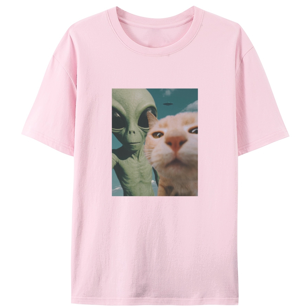 Alien & Orange Cat Selfie Retro Designed for Women - Slim Fit Cotton Tee