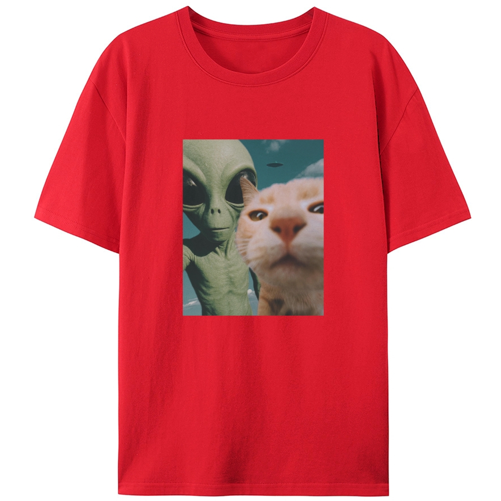 Alien & Orange Cat Selfie Retro Designed for Women - Slim Fit Cotton Tee
