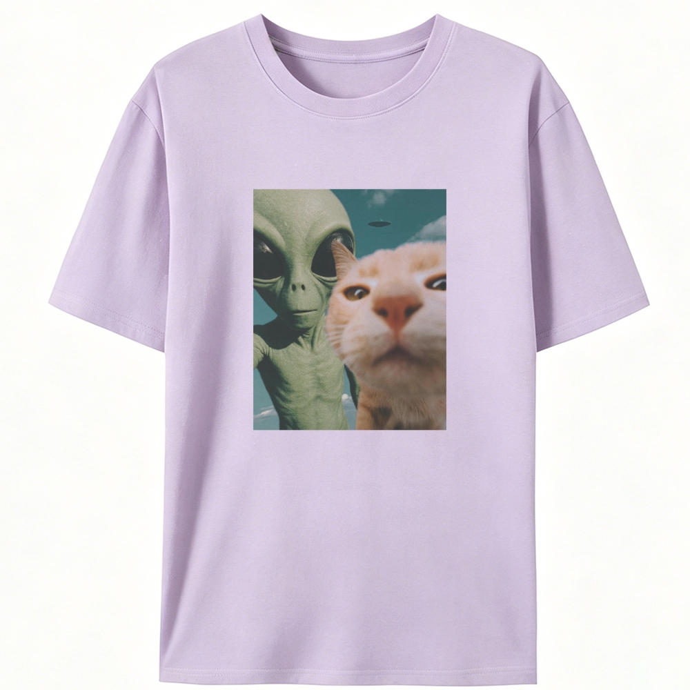 Alien & Orange Cat Selfie Retro Designed for Women - Slim Fit Cotton Tee