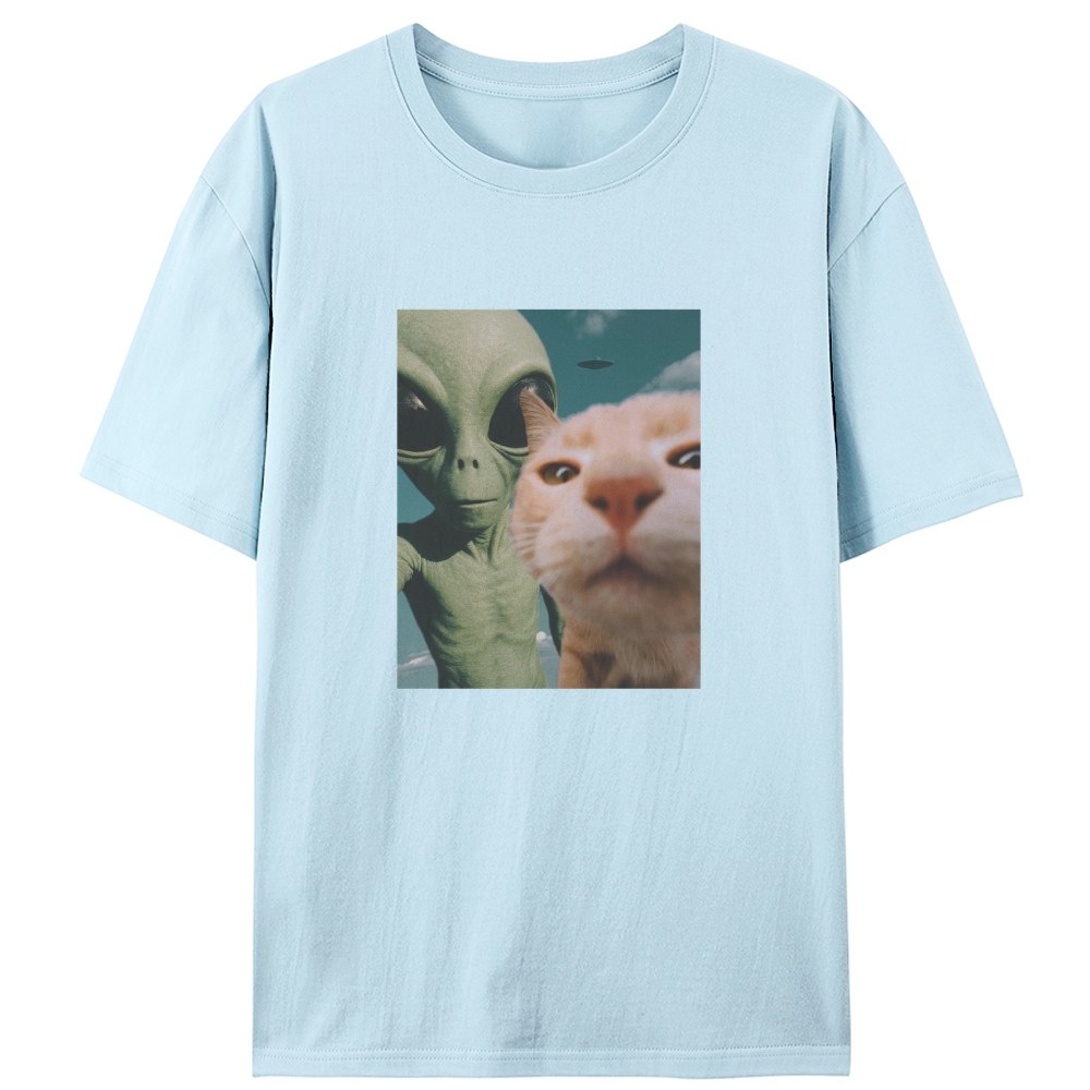 Alien & Orange Cat Selfie Retro Designed for Women - Slim Fit Cotton Tee