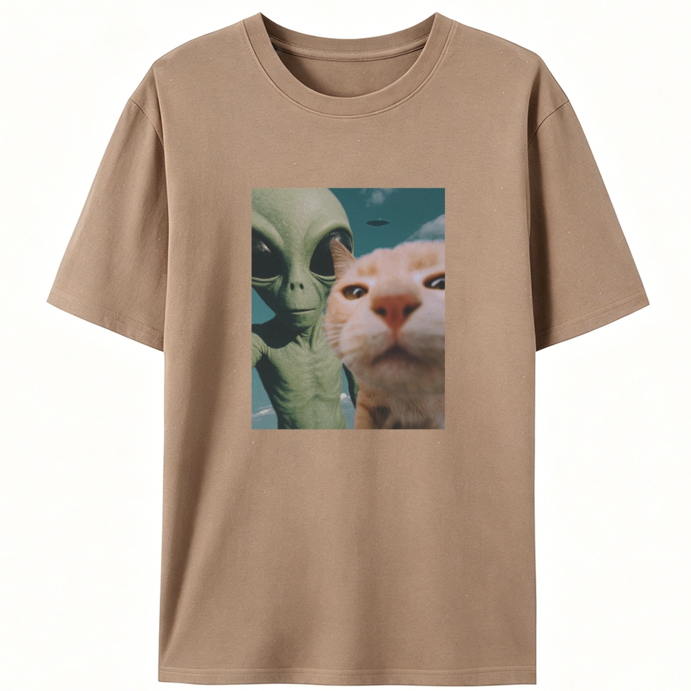 Alien & Orange Cat Selfie Retro Designed for Women - Slim Fit Cotton Tee