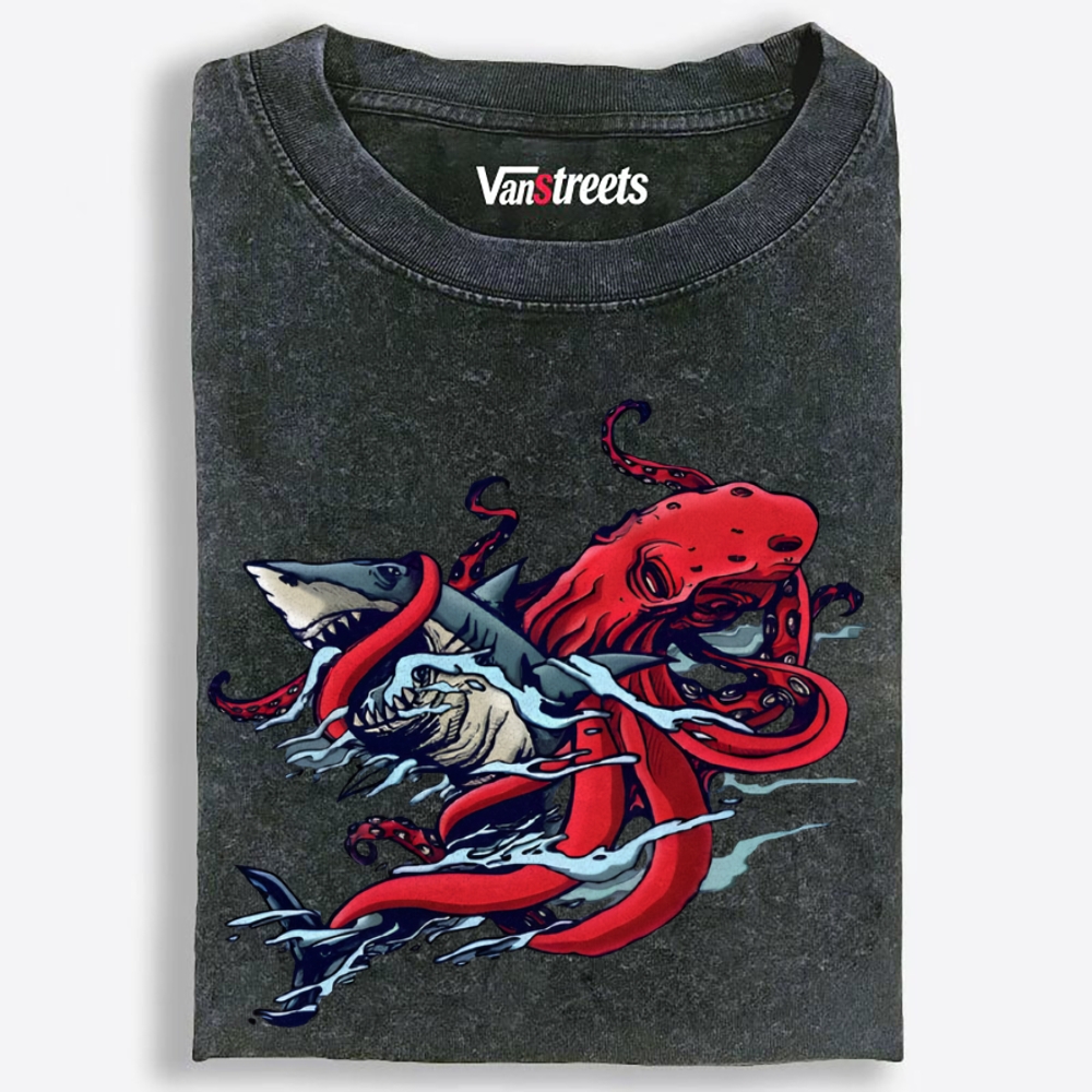 Octopus vs Shark Retro Washed T-Shirt | 100% Cotton | Streetwear Essential