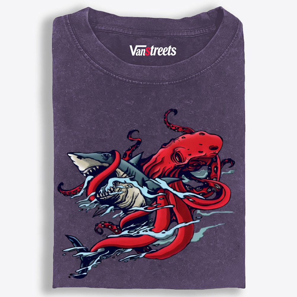 Octopus vs Shark Retro Washed T-Shirt | 100% Cotton | Streetwear Essential
