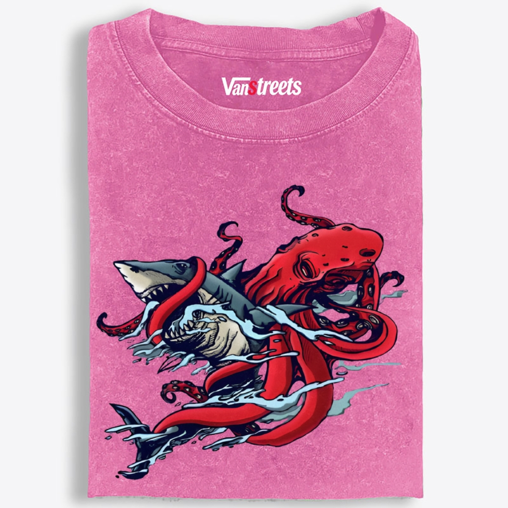 Octopus vs Shark Retro Washed T-Shirt | 100% Cotton | Streetwear Essential