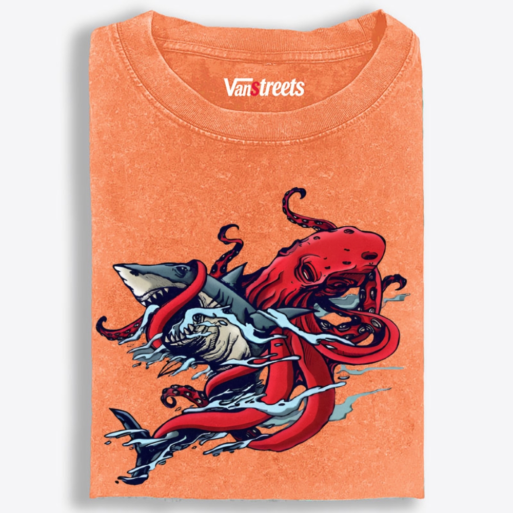 Octopus vs Shark Retro Washed T-Shirt | 100% Cotton | Streetwear Essential