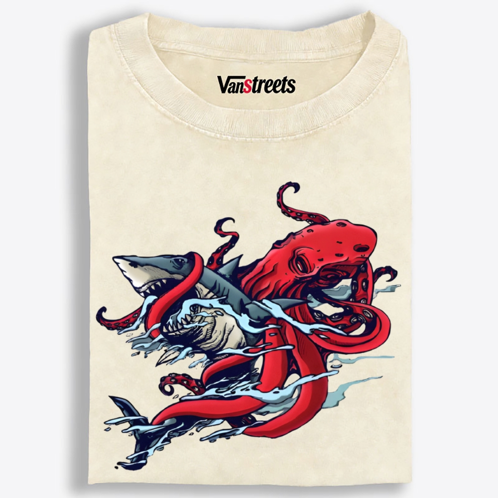 Octopus vs Shark Retro Washed T-Shirt | 100% Cotton | Streetwear Essential