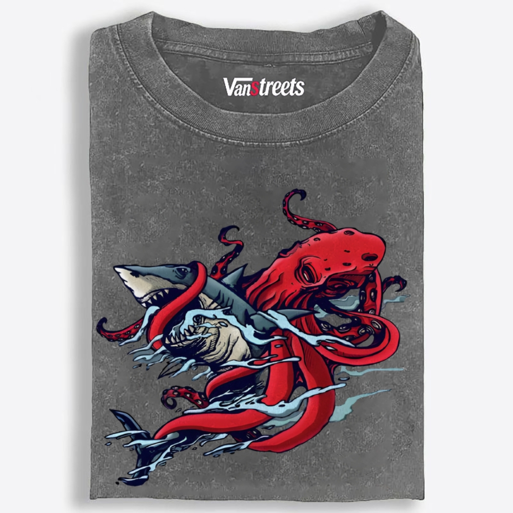 Octopus vs Shark Retro Washed T-Shirt | 100% Cotton | Streetwear Essential
