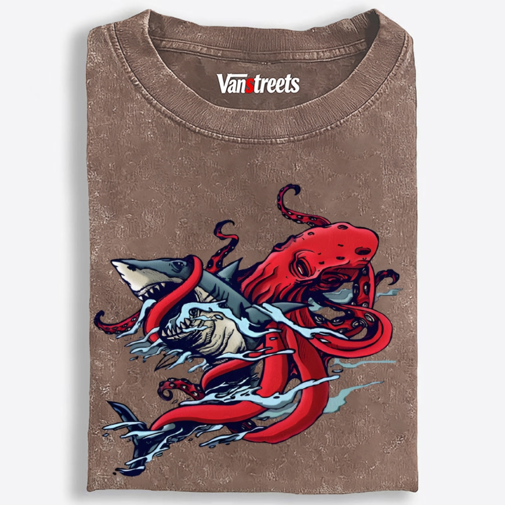 Octopus vs Shark Retro Washed T-Shirt | 100% Cotton | Streetwear Essential