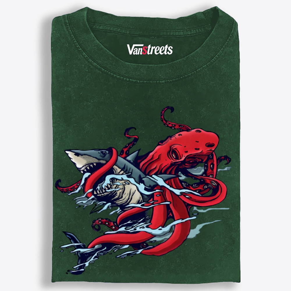 Octopus vs Shark Retro Washed T-Shirt | 100% Cotton | Streetwear Essential