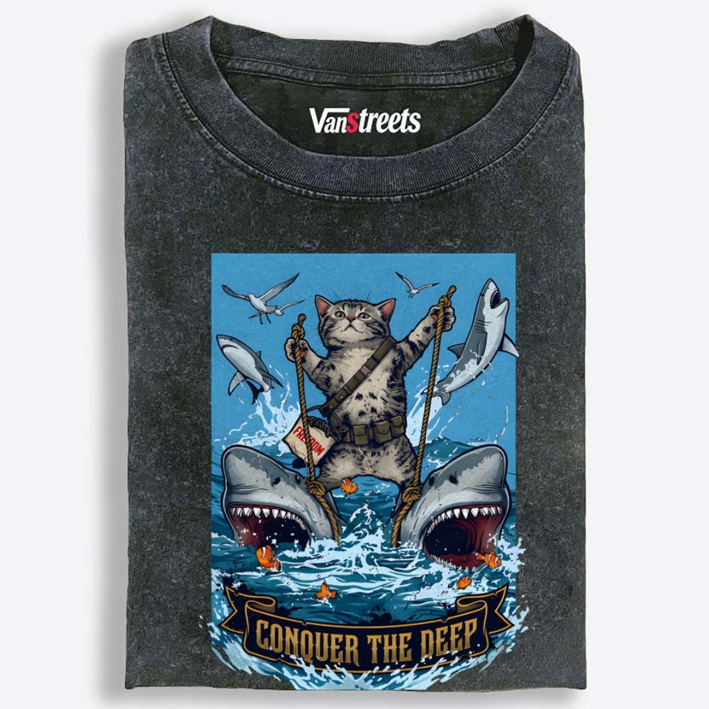 Conquer the Deep Cat Retro Washed T-Shirt | 100% Cotton | Streetwear Essential