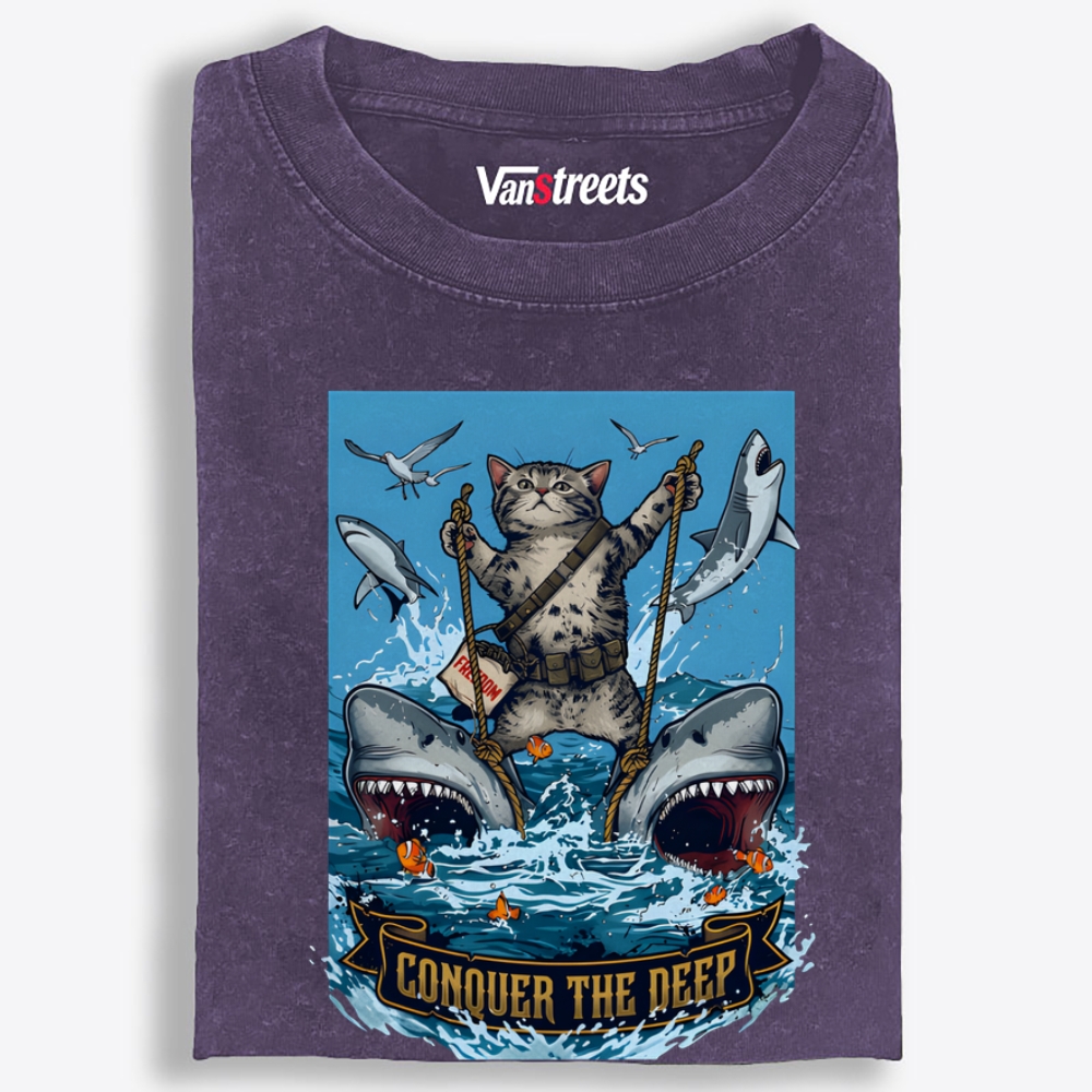Conquer the Deep Cat Retro Washed T-Shirt | 100% Cotton | Streetwear Essential