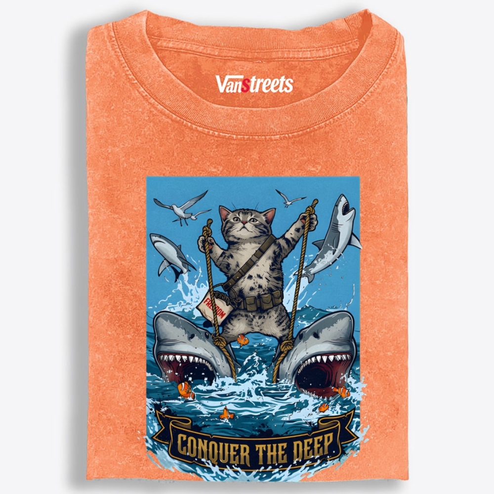 Conquer the Deep Cat Retro Washed T-Shirt | 100% Cotton | Streetwear Essential