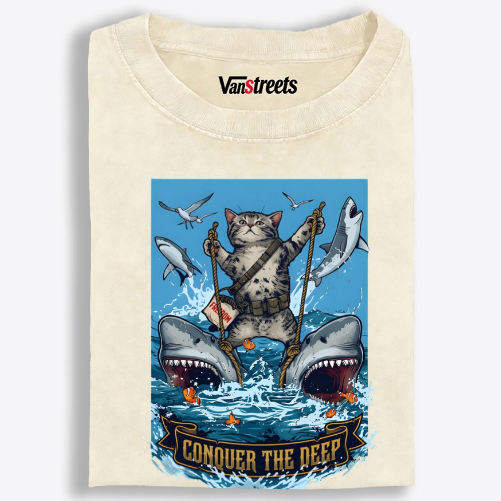 Conquer the Deep Cat Retro Washed T-Shirt | 100% Cotton | Streetwear Essential