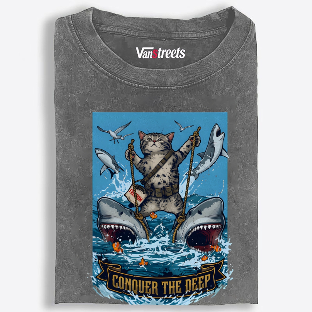 Conquer the Deep Cat Retro Washed T-Shirt | 100% Cotton | Streetwear Essential