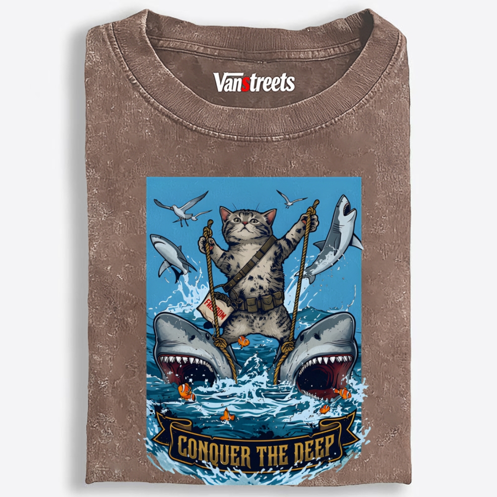 Conquer the Deep Cat Retro Washed T-Shirt | 100% Cotton | Streetwear Essential
