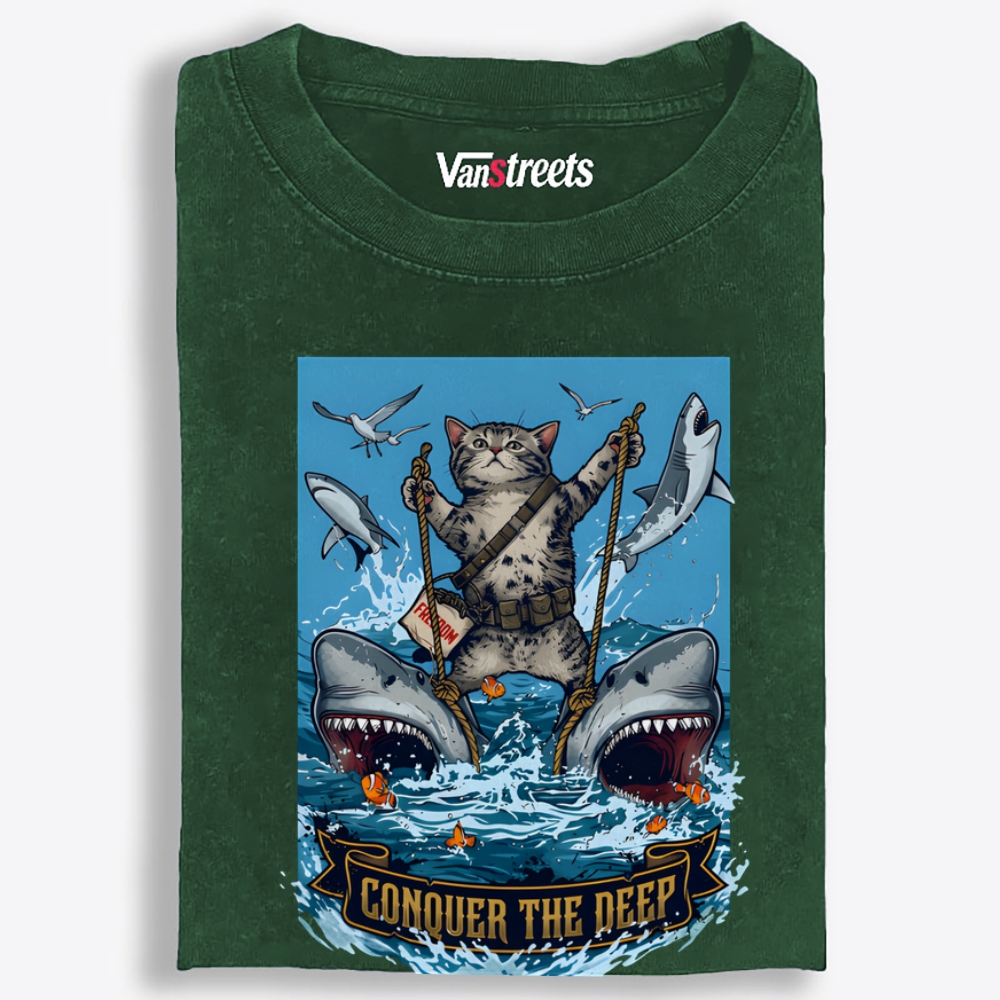 Conquer the Deep Cat Retro Washed T-Shirt | 100% Cotton | Streetwear Essential