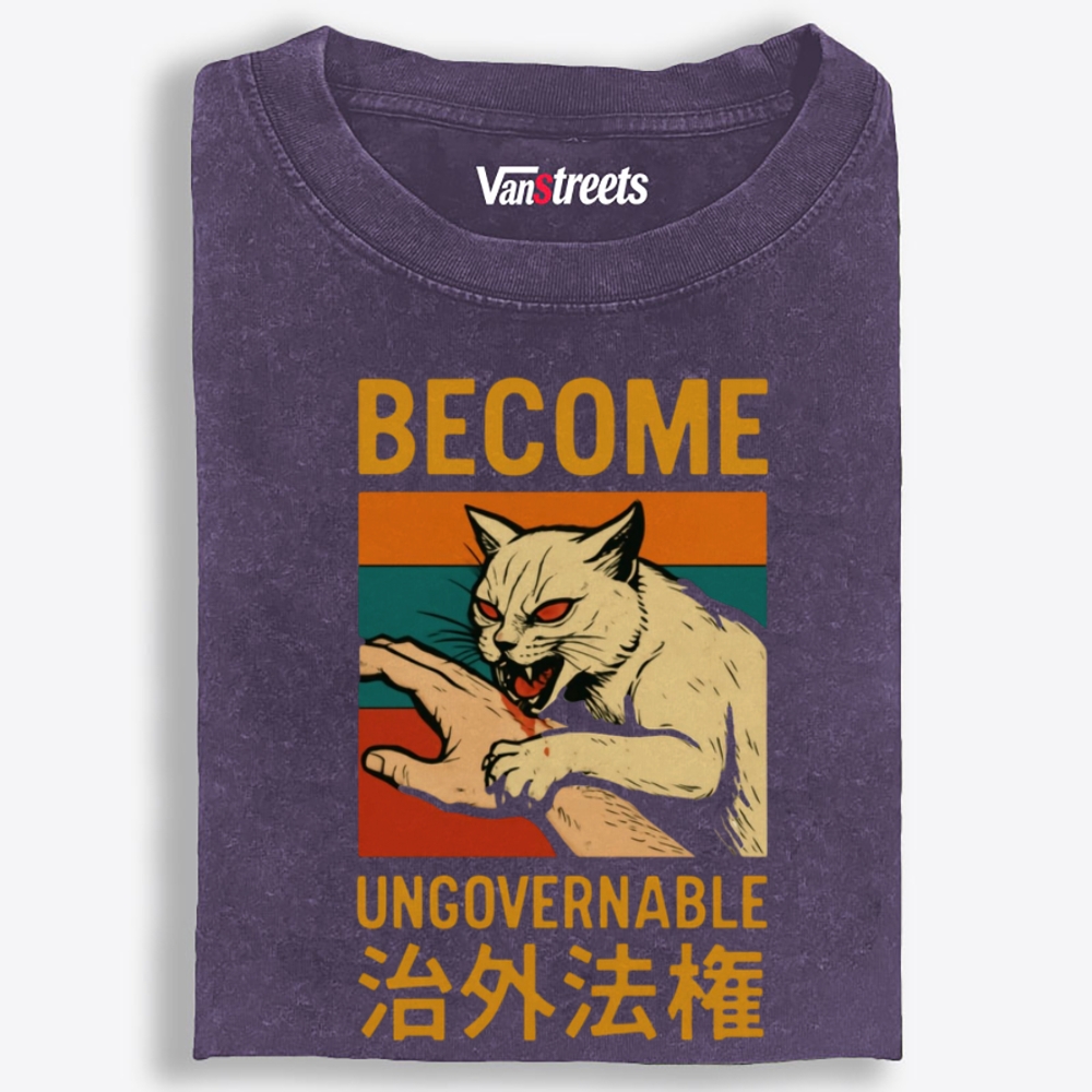 Become Ungovernable Cat Retro Washed T-Shirt | 100% Cotton | Streetwear Essential