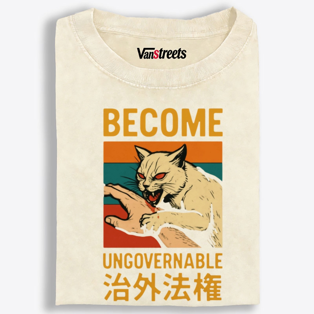 Become Ungovernable Cat Retro Washed T-Shirt | 100% Cotton | Streetwear Essential
