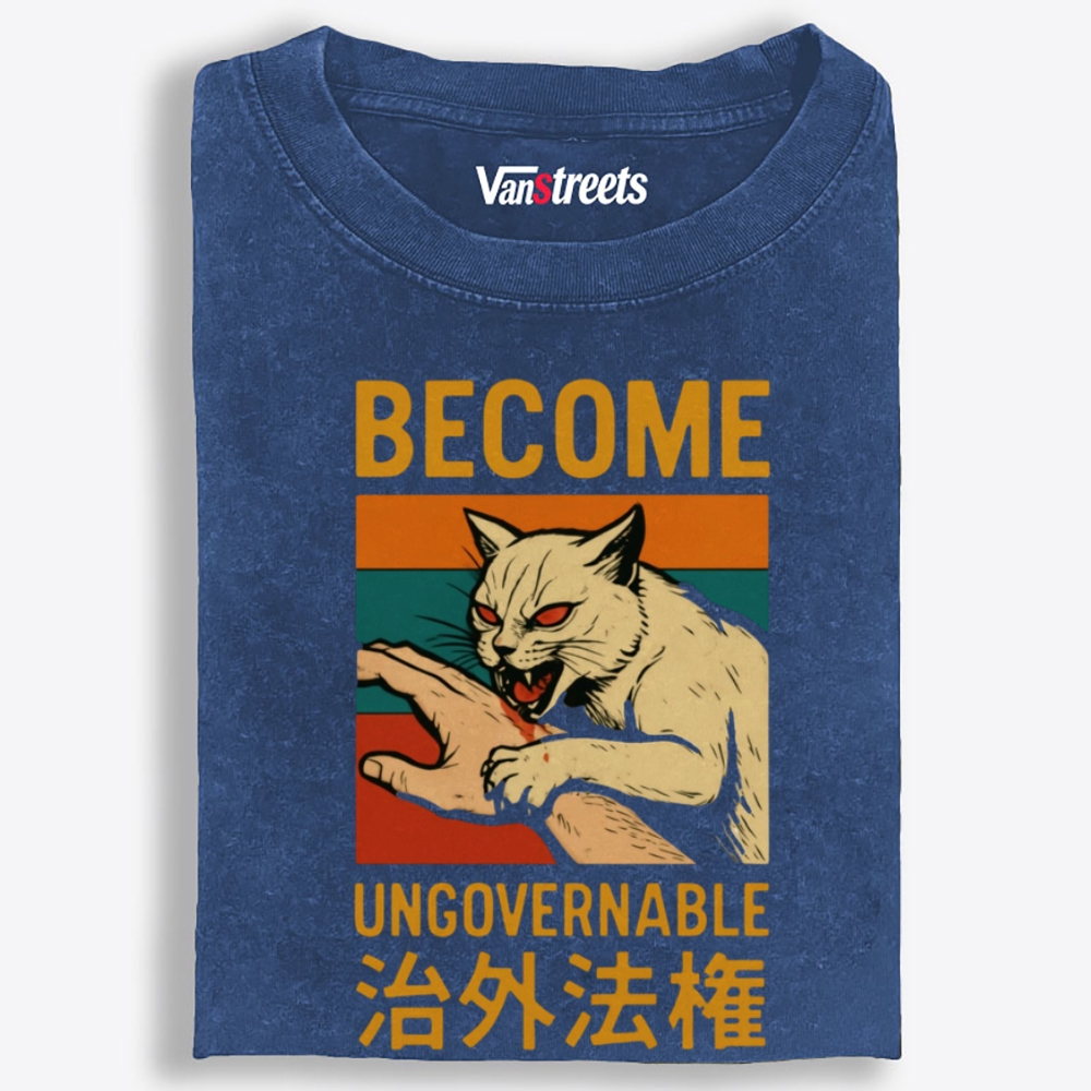 Become Ungovernable Cat Retro Washed T-Shirt | 100% Cotton | Streetwear Essential