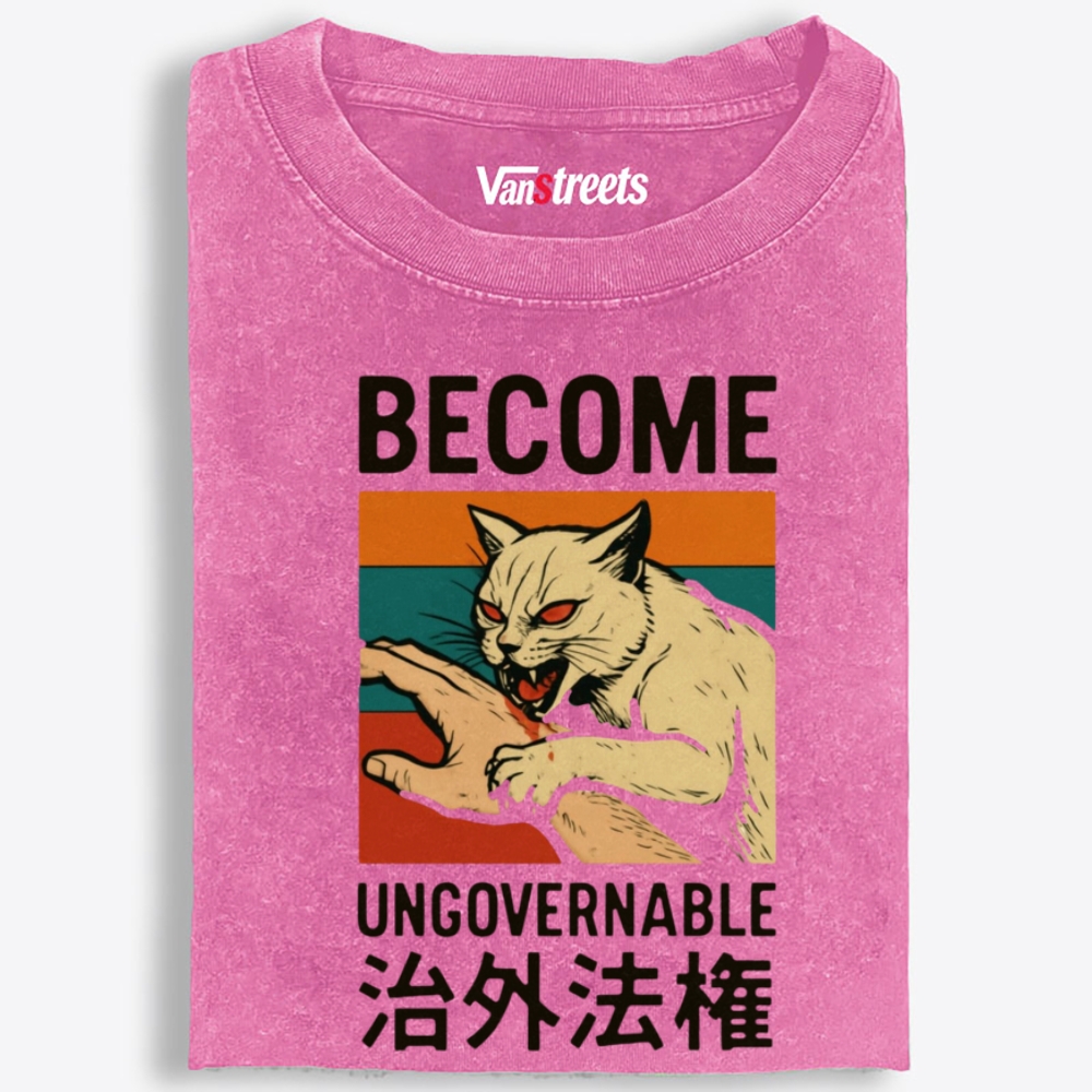 Become Ungovernable Cat Retro Washed T-Shirt | 100% Cotton | Streetwear Essential