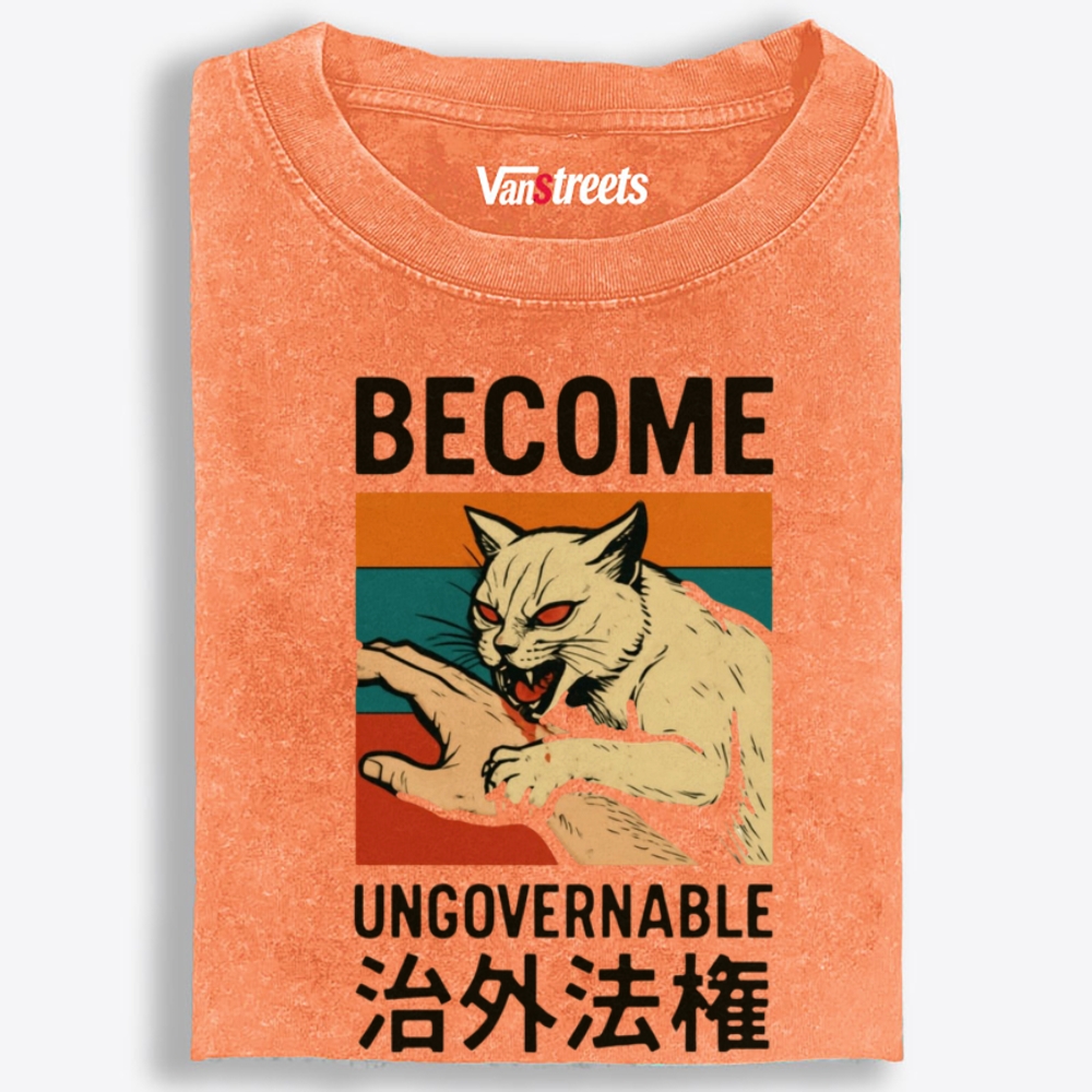 Become Ungovernable Cat Retro Washed T-Shirt | 100% Cotton | Streetwear Essential
