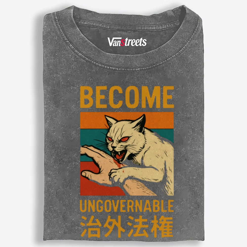 Become Ungovernable Cat Retro Washed T-Shirt | 100% Cotton | Streetwear Essential