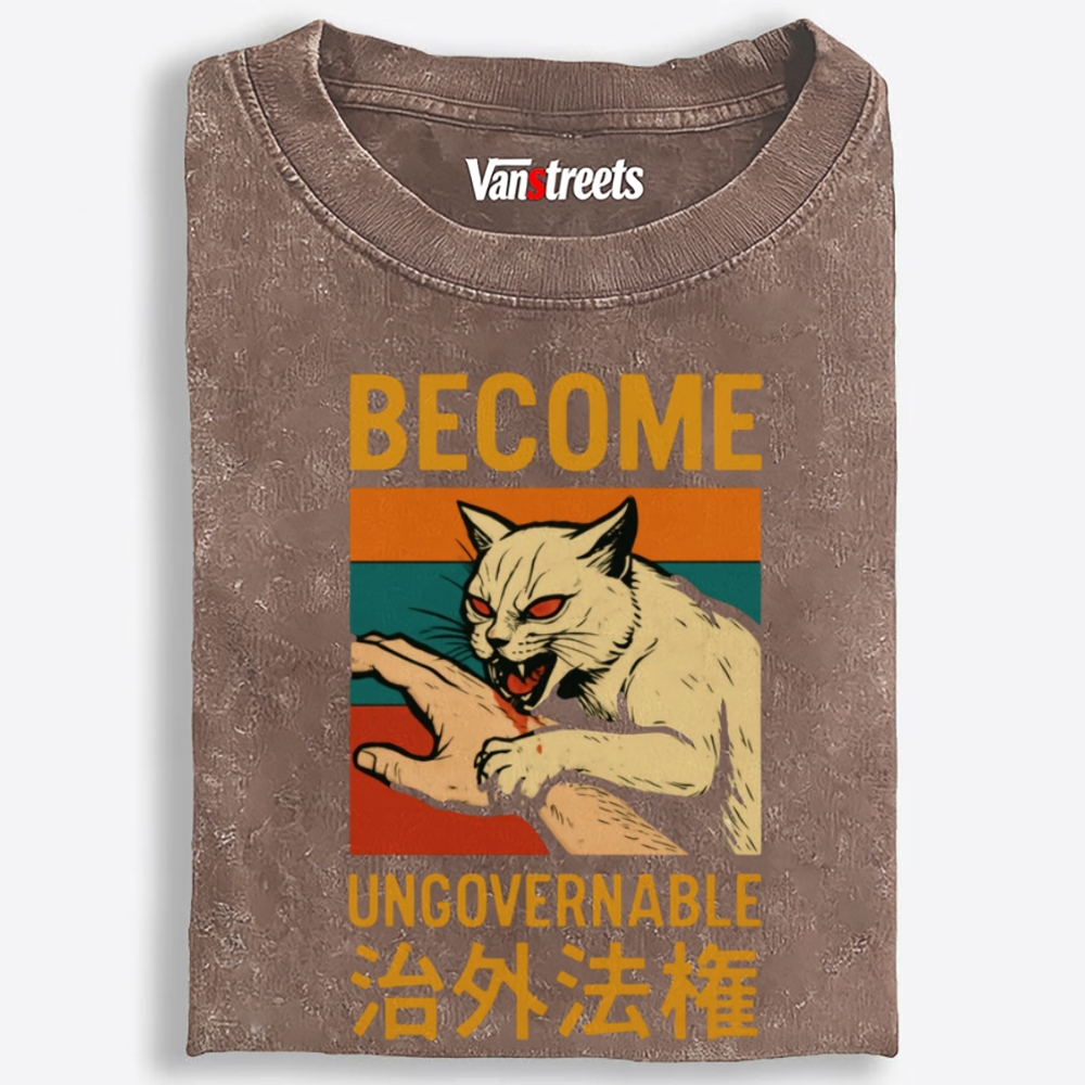 Become Ungovernable Cat Retro Washed T-Shirt | 100% Cotton | Streetwear Essential